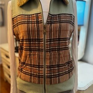 Gentle Fawn Green and Brown Plaid Vest with Faux Fur